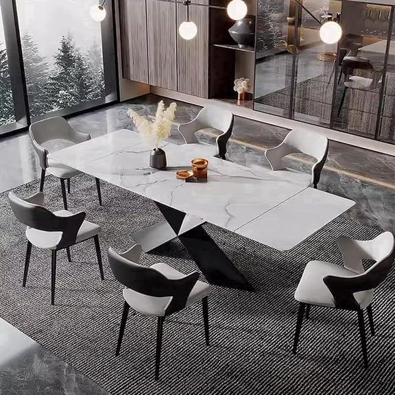 FHKJ HOME 63"-95" Modern Expandable Rectangle Dining Table for 6-12, White Sintered Stone