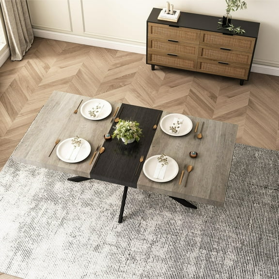 Expandable Dining Table for 6-8 Persons, 55'' to 71" Modern Wooden Kitchen Table with Hidden Storage, Rectangle Farmhouse Conference Kitchen Table for Saving Space, Grey