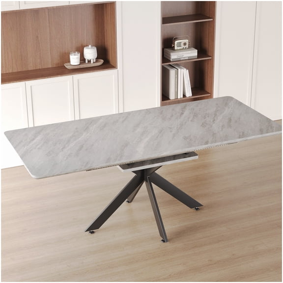 Expandable Dining Table 62 to 78 Inch, Grey Wood Grain Top Black Metal Base, Convertible Kitchen Table for Family and Guests