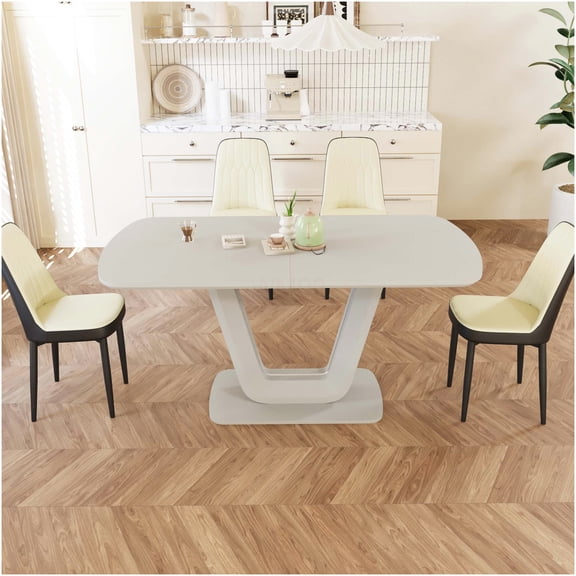 Expandable Dining Table Set for 8 with PU Fabric Chairs, U-Shaped Legs, Beige Grey or Black MDF Kitchen Table Set for Dining Room