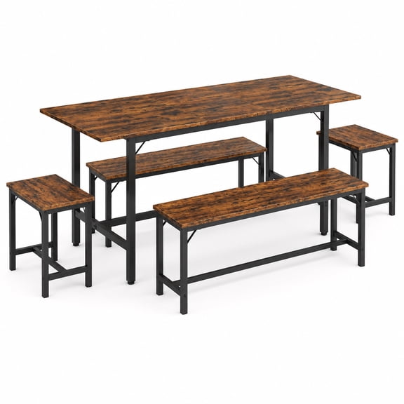 Expandable Dining Table Set for 4-8, 63" Extendable Kitchen Table with 2 Benches & 2 Stools, Modern Wood Top Metal Frame Dining Room Table Set, Space-Saving, Brown