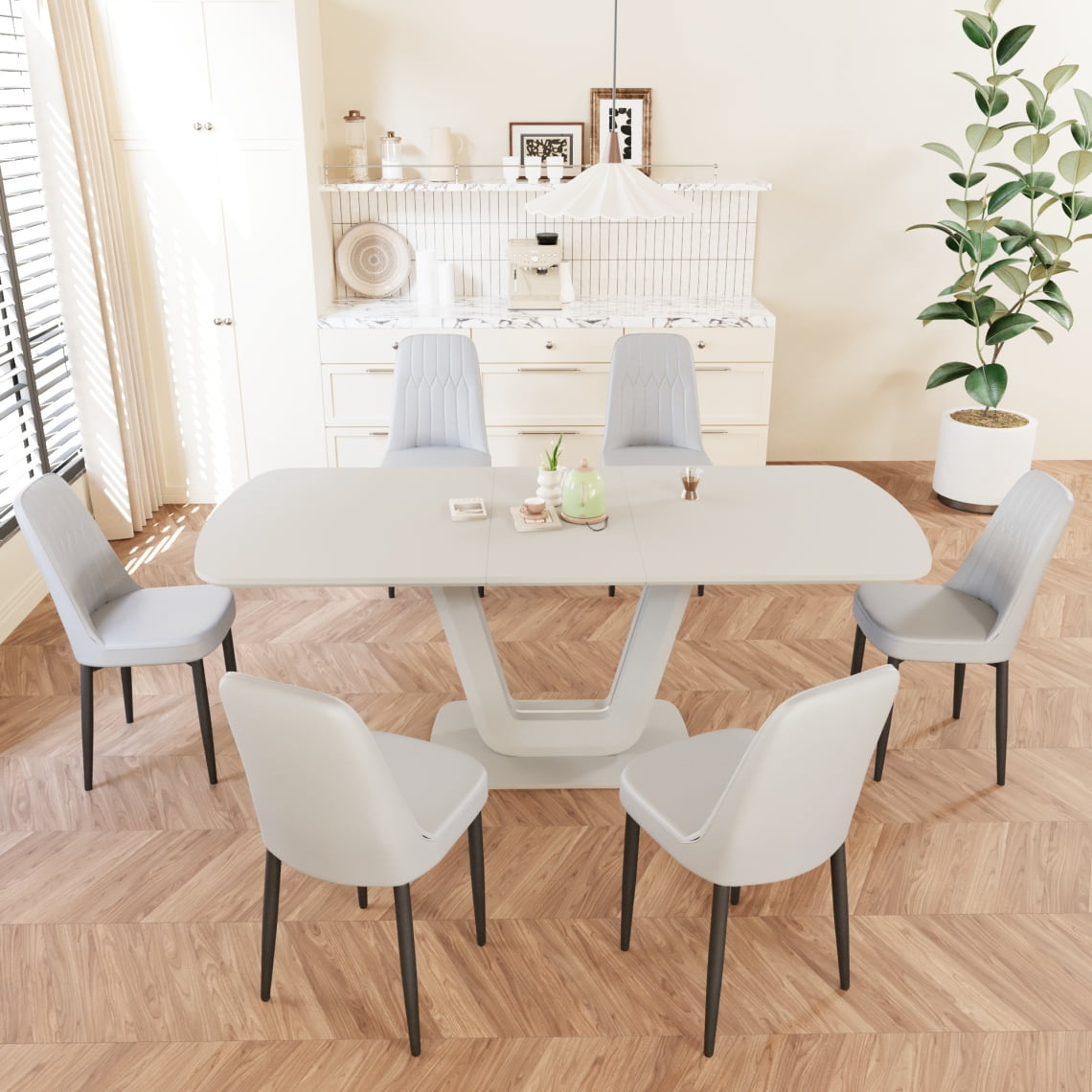 Expandable Dining Table Set For 2-8 With 6 PU Fabric Padded Chairs And ...