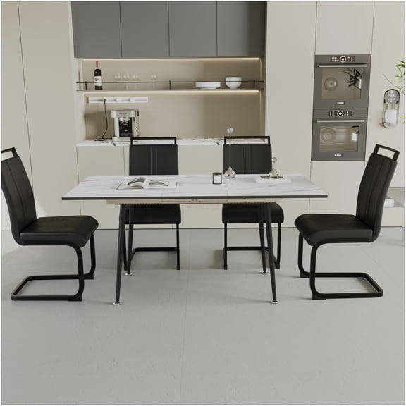 Expandable Dining Table Set for 6 with 4 Upholstered Chairs, Modern Kitchen Table Set with Metal Legs, Black White