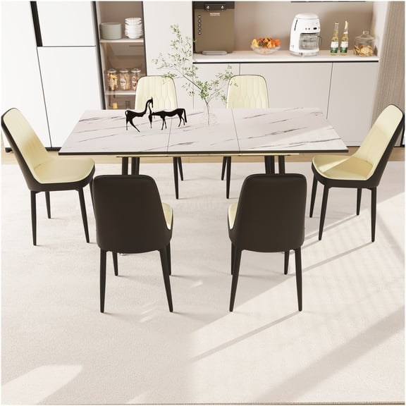 Expandable Dining Table Set for 6 with PU Cushioned Chairs, Beige and White Kitchen Table Set with Black Metal Legs