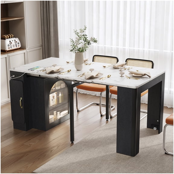 Expandable Dining Table Set with Electrical Outlet, Rolling Kitchen Island with LED Lights and Storage for Small Spaces, Black and White