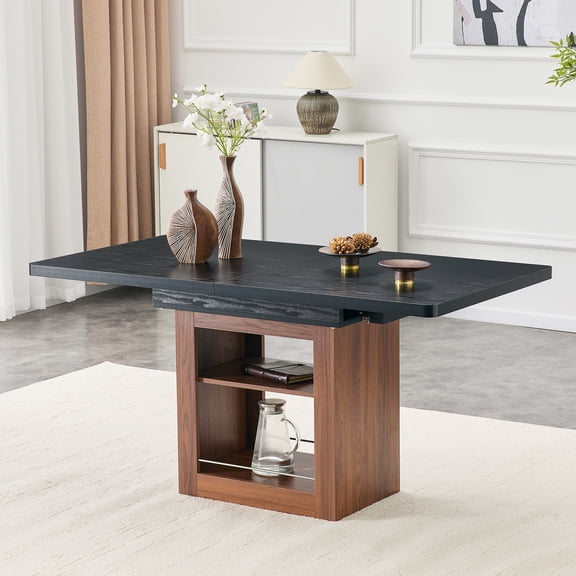 Expandable Dining Table with Storage Shelves, MDF and Metal Rectangular Kitchen Table, 59 to 71 Inch Extendable Design for 4-8 People, Black and Walnut Dual Tone for Dining Room