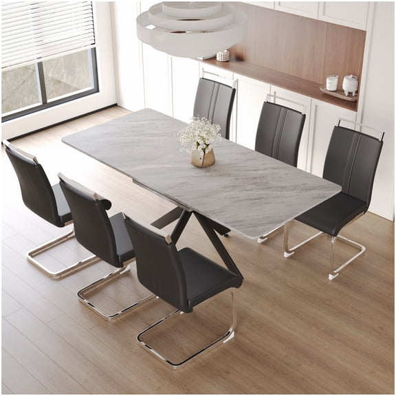 Expandable Dining Table and 6 Chairs Set, Modern Black Table with Gray Upholstered Seating