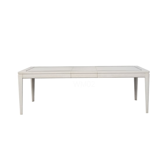Expandable Dining Table with Metal Inlay, Vanilla White Finish, Solid Wood Top and Tapered Legs for Modern Dining Room