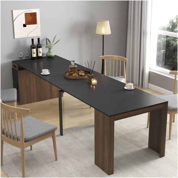 Expandable Dining Table with Power Outlet, Multifunctional Extending Table with Storage for Parties and Meetings, Walnut and Black Finish