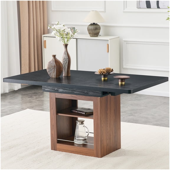 Expandable Dining Table with Storage Space, Black Walnut Extendable Table for Kitchen Dining Room