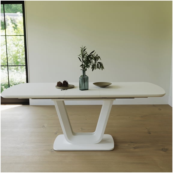 Expandable Dining Table with U-Legs, Antique Grey White Finish, MDF Top Modern Kitchen Table for Home Office, Seats 6 to 8