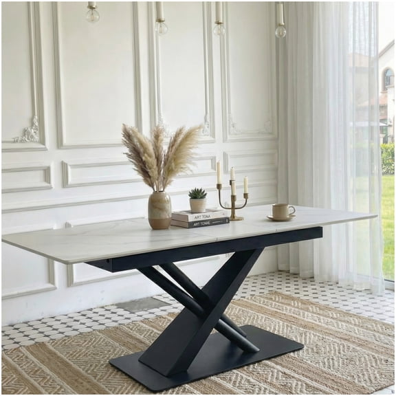 Expandable Dining Table with White Marble Top, Modern X-Frame Base, Kitchen Table Seats 6-8, Durable Sintered Stone Rectangular Table