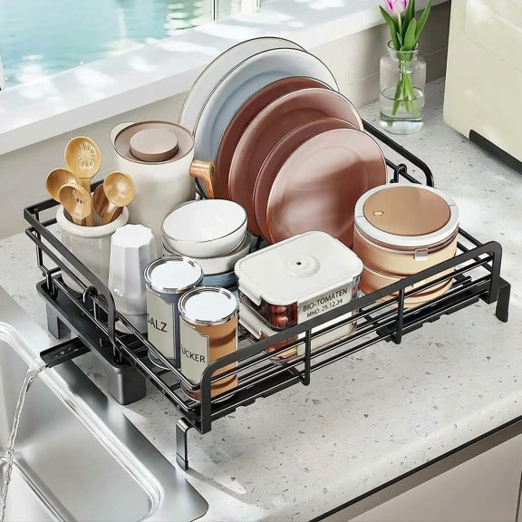 Expandable Dish Drying Rack Adjustable Width 16.5-19.7 Inch, Multi-Functional Kitchen Drainer with 360° Rotating Tier for Sink Counter RV Apartment