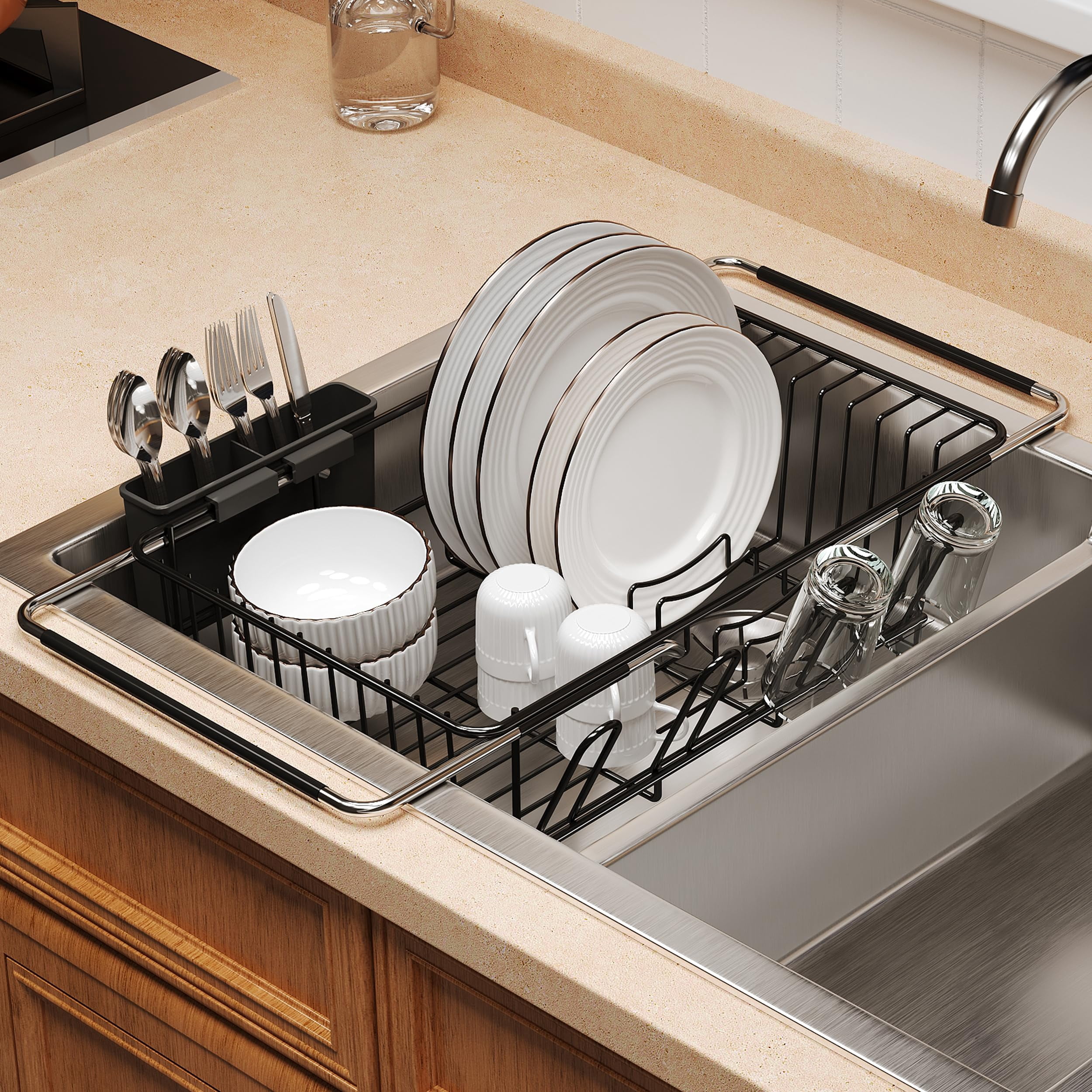 Expandable Dish Drying Rack, Black, Stainless Steel, Over/In Sink, For Small Kitchens