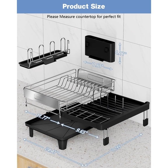 Expandable Dish Drying Rack, Dish Racks for Kitchen Counter, Stainless Steel 304, Flip-Top Retractable Plate, Multi-Directional Adjustable Dish Rack, Space Saving Large Drying Rack Kitchen, Black