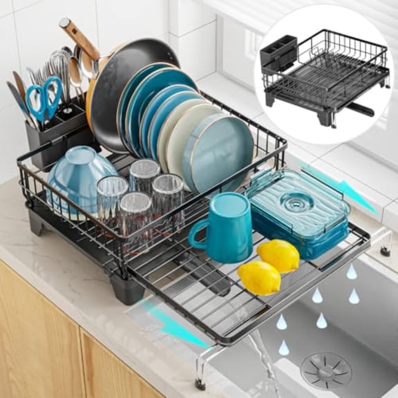 Expandable Dish Drying Rack for Kitchen Counter Large Capacity 2-in-1 Rust Resistant Dish Drainer with Swivel Spout and Pull Out Over Sink Extension 16.7 W x 12.6-22.4 L Black