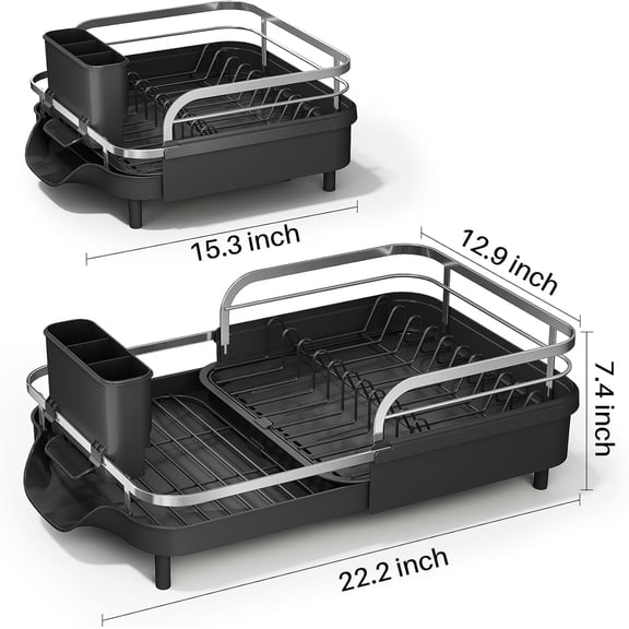 Expandable Dish Drying Rack for Kitchen Counter - Rust-Resistant Drainer with Utensil Holder and Raised Guardrail, Space-Saving Organizer for Cups and Bottles (Black)