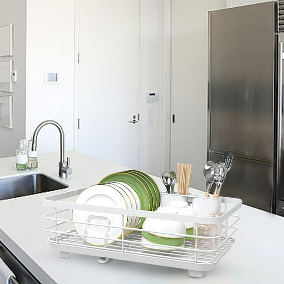 Expandable Dish Drying Rack - Single Layer Dish Drainer with Cutlery Holder & Cup Holder - Large Capacity Countertop Organizer for Plates, Bowls - Auto-Draining Kitchen Dish Rack