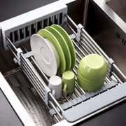 Expandable Dish Drying Rack Over The Sink Dish Basket Drainer with Telescopic Arms Functional Kitchen Sink Organizer for Vegetable, Fruit and Tableware