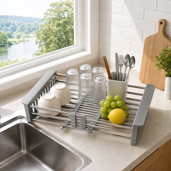 Dish Drying Rack, Extendable Dish Rack, Large Capacity Drying Drainer for Kitchen Counter, 17.13''L x 8.47''W x 3.55''H