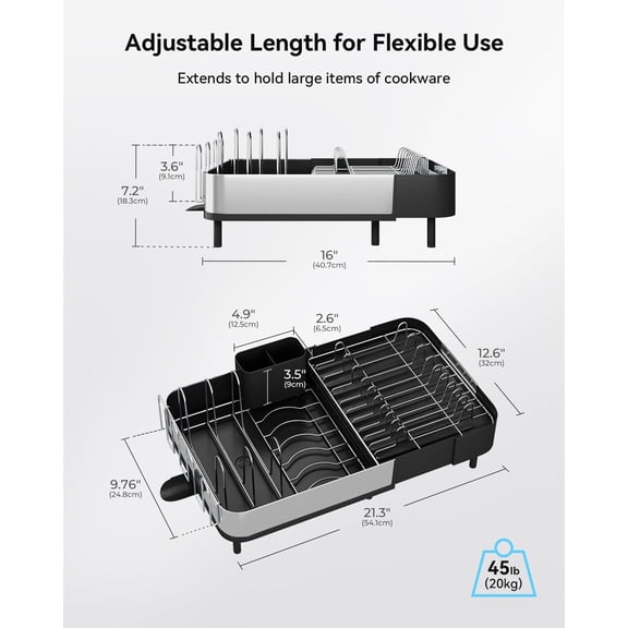 Expandable Dish Drying Rack, Versatile  for Pots & Pans, Space Saving Kitchen Drying Rack, Dish Racks for Kitchen Counter, Stainless Steel Dish Drainers with Extendable Spout, Black