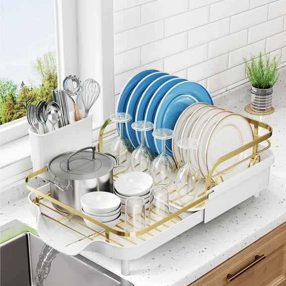 Expandable Dish Drying Rack With Gold Trim, 15.2-22.1 Inch, White Base