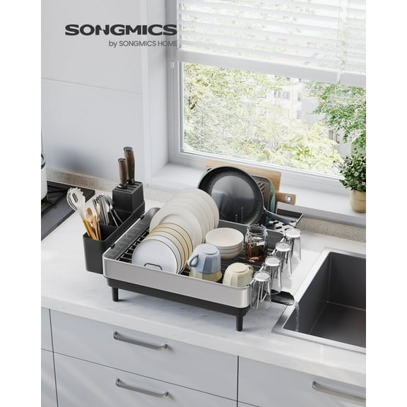 Expandable Dish Drying Rack for Kitchen Counter, Stainless Steel Dish Rack with Rotatable Spout, Utensil/Cup/Cutting Board Holders, Silver & Black