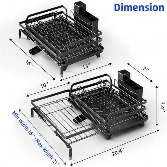 Expandable Dish Drying Rack with Automatic Drainage and Removable Tray - Rust Resistant Metal Kitchen Organizer for Countertop