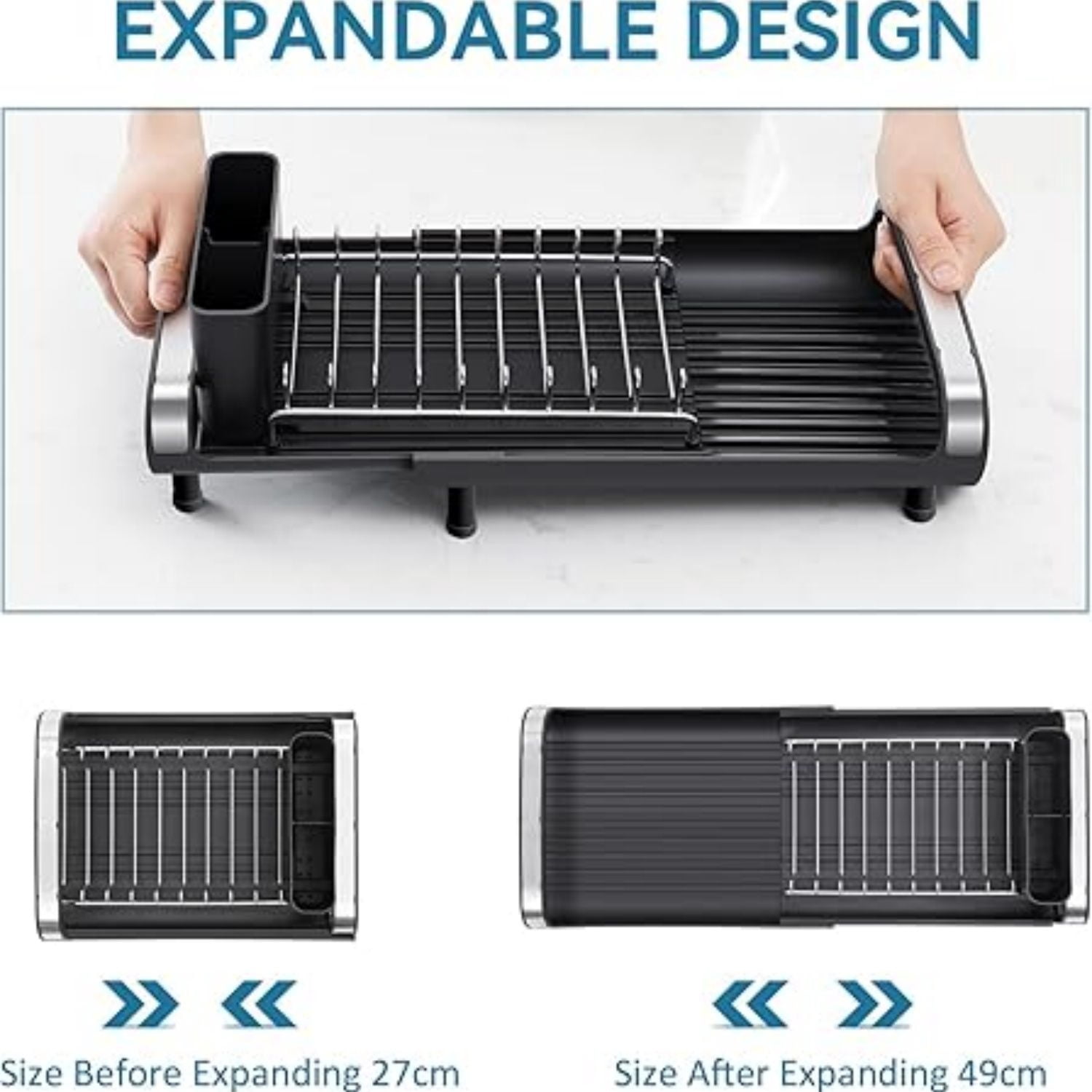 Expandable Dish Rack, Compact Dish Drainer, Stainless Steel Dish Drying Rack with Removable Cutlery Holder, Anti Rust Plate Rack, Small Sink Drainer for Sink or Kitchen Countertop