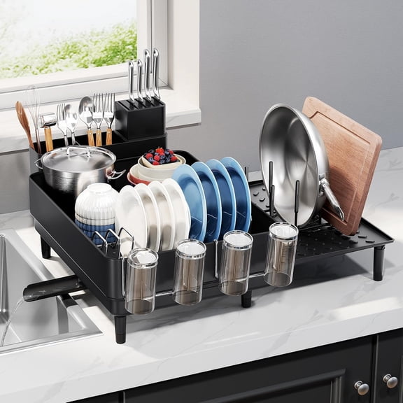 Expandable Dish Rack with Drainboard - Stainless Steel Dish Drainer with Removable Cutlery Tray, Foldable Cup Holder, Elevated Feet, Multifunctional Drainboard for Sink Countertop Kitchen Storage