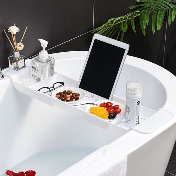 Expandable Drain Bath Shelf Caddy Tray, Multifunctional Plastic Bathtub Tray Bathroom Organizer Simple Stylish Storage Rack for Candle Towel, Book, Wine, Phone, Shower
