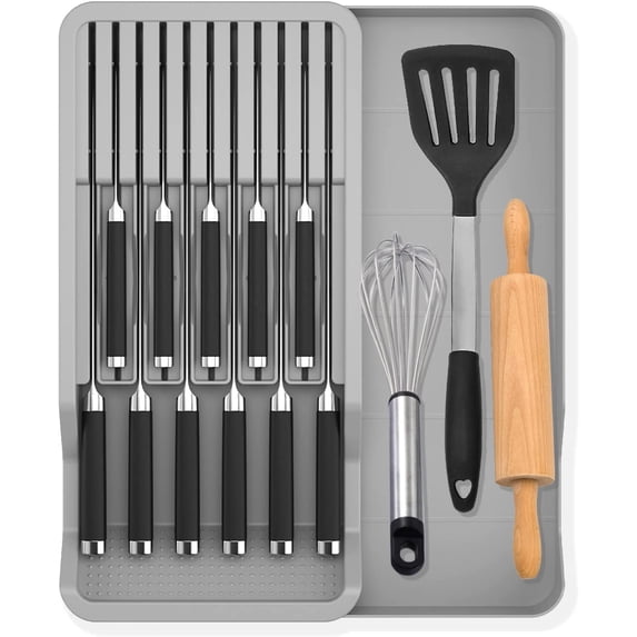 Expandable Drawer Knife Insert Organizer - Plastic Knife Storage Tray for Kitchen Drawers, Adjustable to Fit 11 Knives, BPA-Free, Ventilated, Space-Saving, Easy to Clean