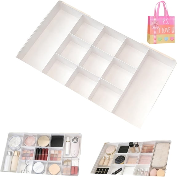 Expandable Drawer Organizer with Removable Dividers, 2-Pack Plastic Adjustable Storage Tray for Makeup, Socks, Kitchen Utensils, Customizable Compartment Organizer for Shallow Drawers (9-Section)