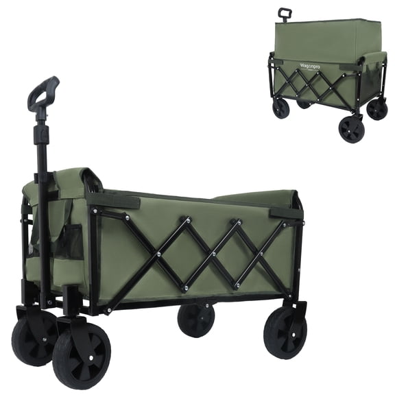 Expandable Dual-Layer Utility Wagon for Camping Shopping Gardening - Heavy Duty Steel Frame, 225lbs Capacity, Army Green