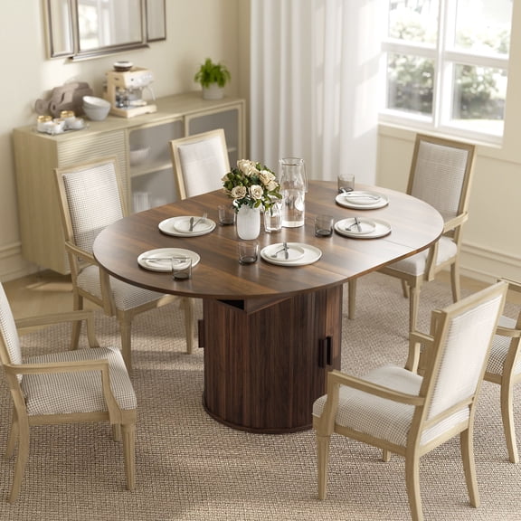 Expandable Farmhouse Dining Table for 4-6 People, 59" Walnut Oval Kitchen Table with 2-Tier Storage Pedestal and Fluted Sliding Doors, Versatile for Dining Room or Office