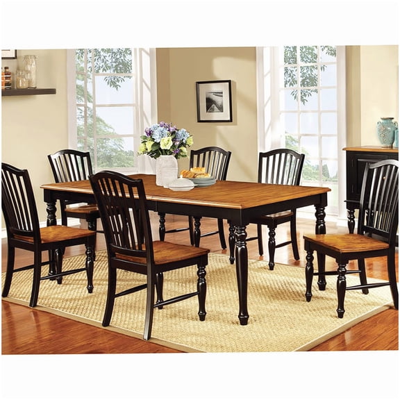 Expandable Farmhouse Dining Table and Chair Set for 6, Solid Wood in Black & Oak, Country Chic Kitchen Dinette Set