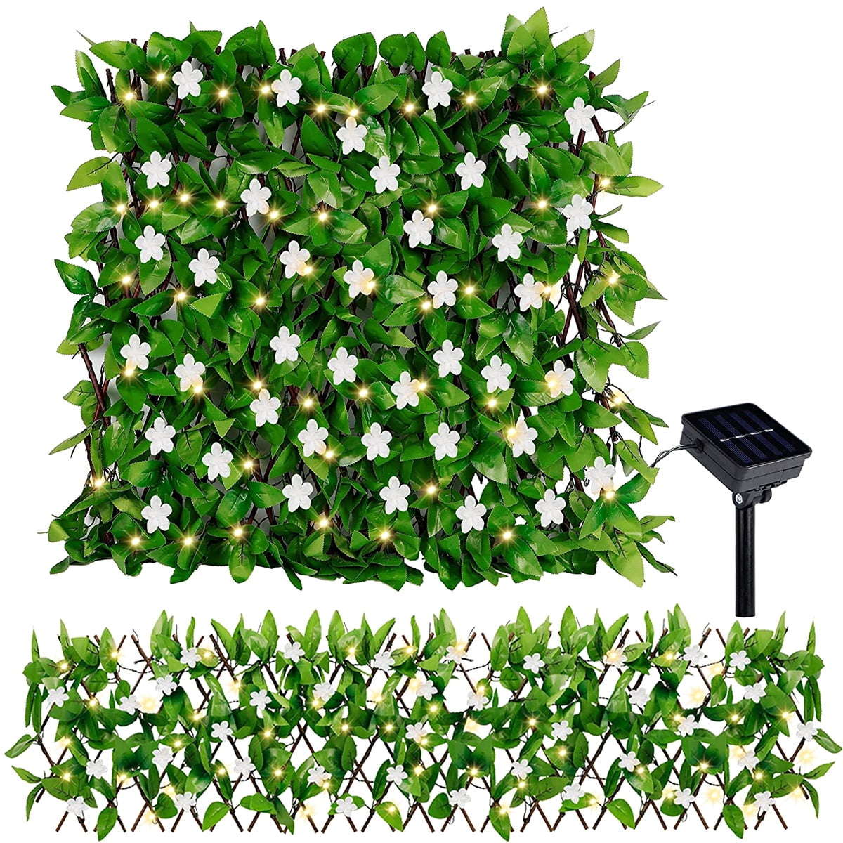 Expandable Fence Privacy Screen 30x180CM Artificial Fencing Panel with 8 Modes Solar Lights Faux Ivy Hedge Flower Fence Indoor Outdoor Decoration for Garden Patio Backyard Balcony