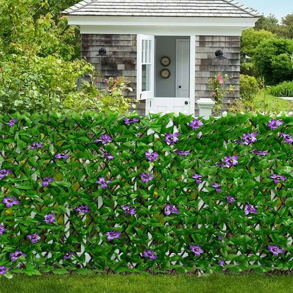 Expandable Fence Privacy Screen, Decorative Faux Ivy Fencing Panel, Artificial Hedges with Violet Flowers, Garden Greenery Leaf Backdrop Decoration, for Backdrop Garden Backyard Home Decorations
