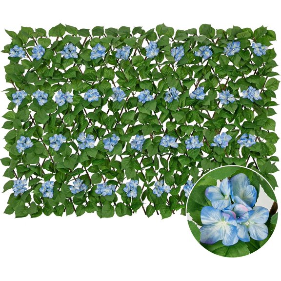 Expandable Fence Screen with Artificial Flower, Faux Fence Panel Artificial Green Wall Balcony Garden Patio Screen, Single Sided Leaves (Blue Hydrangea, 1 Pack)
