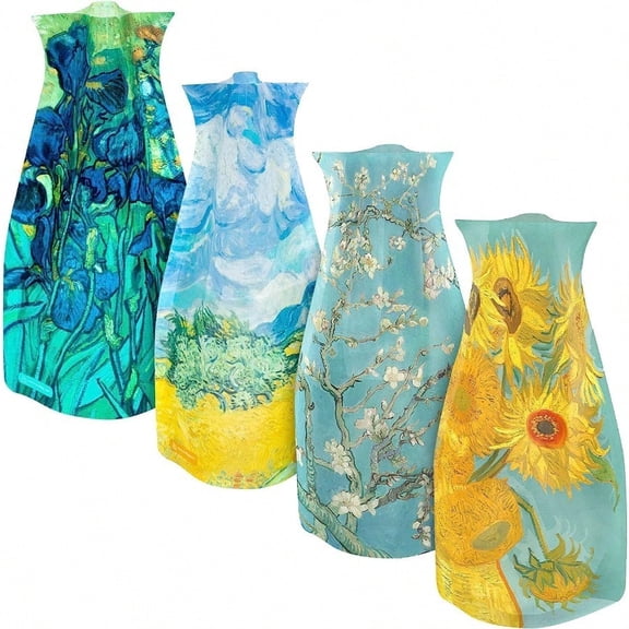 Expandable Flower Vase Set Plastic Decorative Modern Foldable Printed Vases For Centerpieces For Wedding Dining Table Home Decor Living Room Bathroom Office Vincent Van Gogh 4 Pack