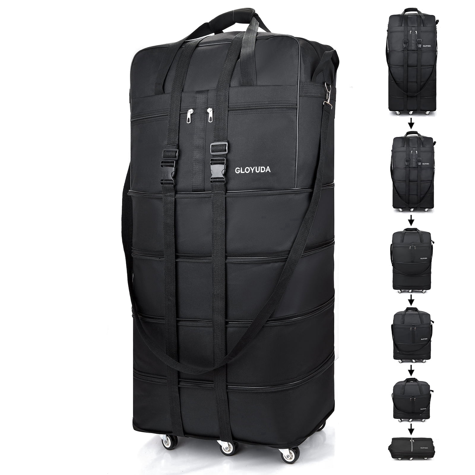 Gloyuda 42 inch Rolling Bag, Duffle Bag with Wheels, Rolling Tote Bags with Wheels, Collapsible Luggage, Travel Bag with Wheels and Handle, Roller Bag with 2 Fixing Straps and 1 Shoulder Strap