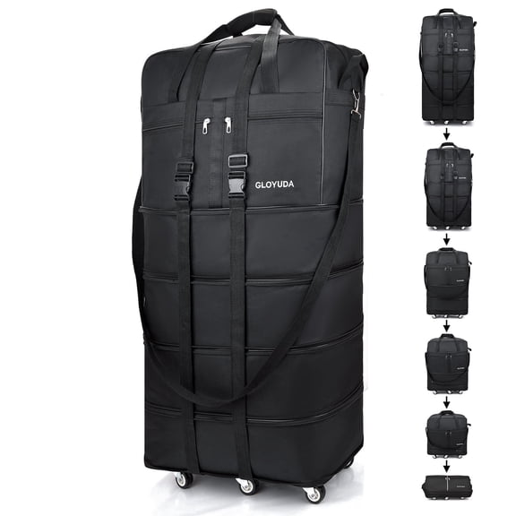 Gloyuda 42 inch Rolling Bag, Duffle Bag with Wheels, Rolling Tote Bags with Wheels, Collapsible Luggage, Travel Bag with Wheels and Handle, Roller Bag with 2 Fixing Straps and 1 Shoulder Strap