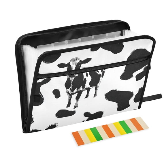 Expandable Folder with Colored Tabs, Desktop Folding Folder for Organizing Files by Category, with 13 Pockets, Suitable for Office Use Black and White Cow