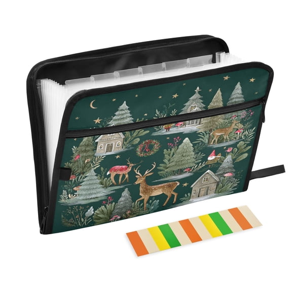 Expandable Folder with Colored Tabs, Desktop Folding Folder for Organizing Files by Category, with 13 Pockets, Suitable for Office Use Christmas Forest
