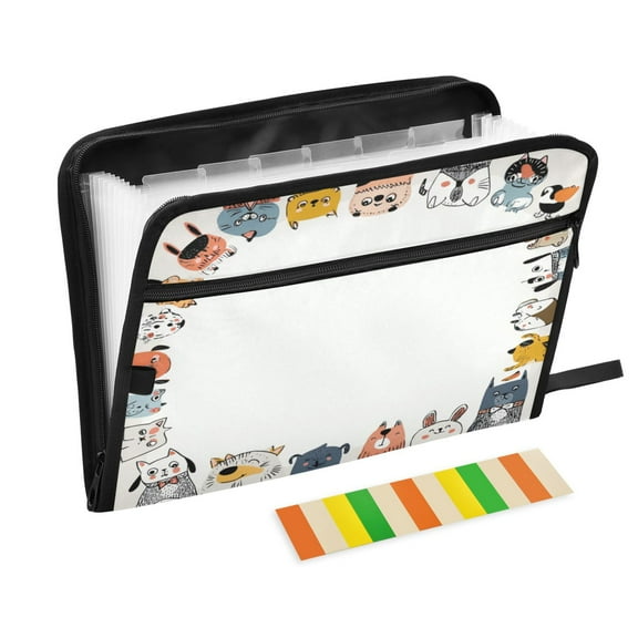 Expandable Folder with Colored Tabs, Desktop Folding Folder for Organizing Files by Category, with 13 Pockets, Suitable for Office Use Cute Cartoon Animal Square Frame
