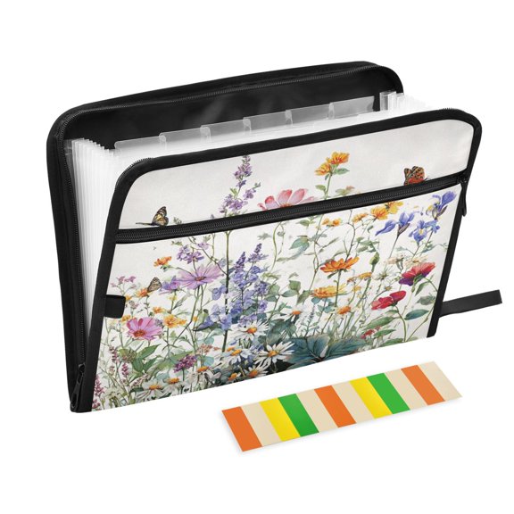 Expandable Folder with Colored Tabs, Desktop Folding Folder for Organizing Files by Category, with 13 Pockets, Suitable for Office Use Flowery Butterfly