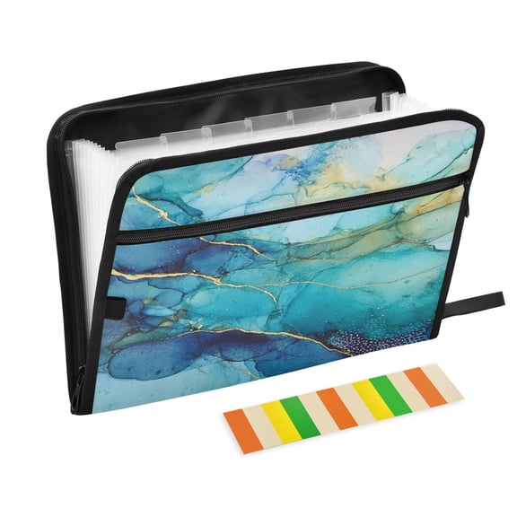 Expandable Folder with Colored Tabs, Desktop Folding Folder for Organizing Files by Category, with 13 Pockets, Suitable for Office Use Green Marble Pattern