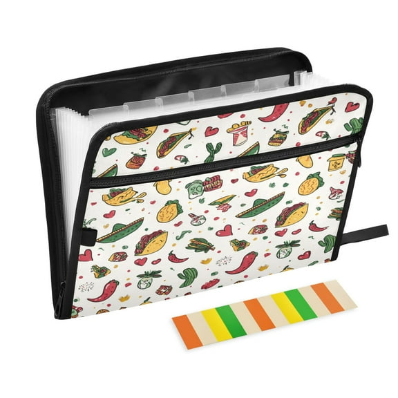 Expandable Folder with Colored Tabs, Desktop Folding Folder for Organizing Files by Category, with 13 Pockets, Suitable for Office Use Mexican Cartoon Style