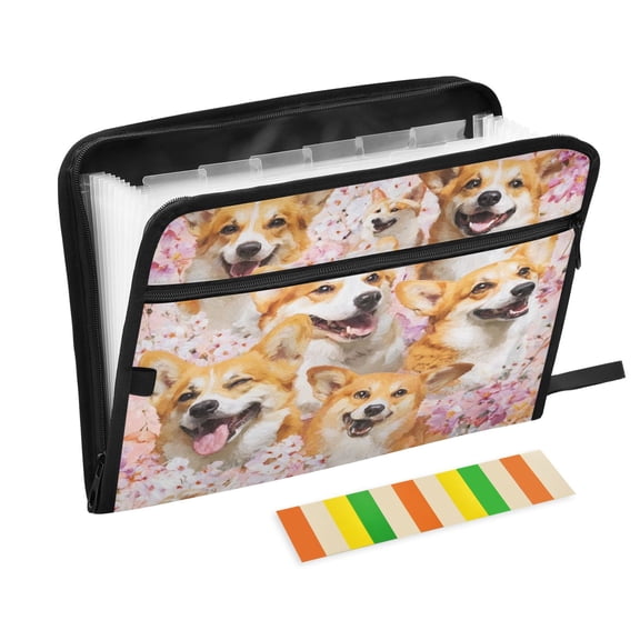 Expandable Folder with Colored Tabs, Desktop Folding Folder for Organizing Files by Category, with 13 Pockets, Suitable for Office Use Blinking Corgi
