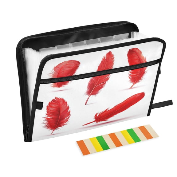Expandable Folder with Colored Tabs, Desktop Folding Folder for Organizing Files by Category, with 13 Pockets, Suitable for Office Use Red Feathers